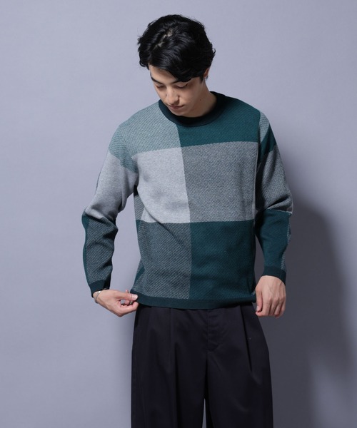 NANO universe（ナノユニバース）の「ブロックチェッククルーネックニット（ニット/セーター・メンズ・ブラック/ダークブルー/ライトグレー/グリーン・S/XL/L/M）」の5枚目の写真