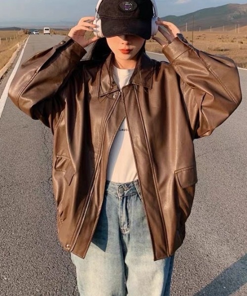 SHEPP(シープ)の「オーバーサイズ PUジャケット(ブルゾン・レディース・ブラウン/ブラック・L/M)」の14枚目の写真