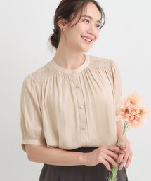 【洗える/S-LL】大人上品な印象のサテン5分袖ブラウス