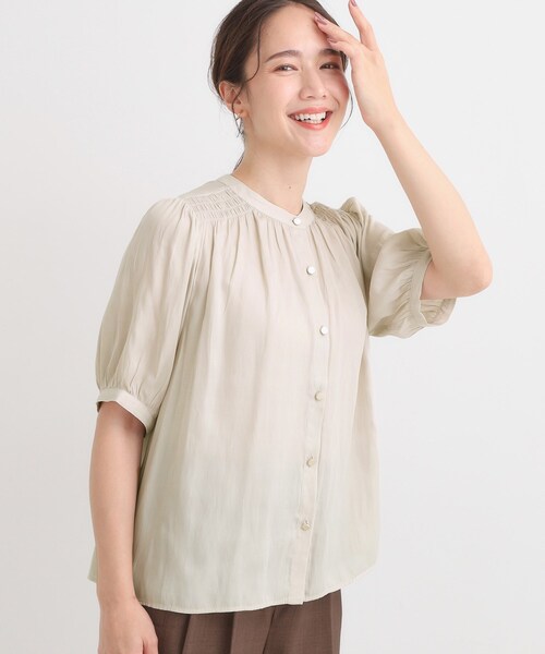 DRESKIP（ドレスキップ）の「【洗える/S-LL】大人上品な印象のサテン5分袖ブラウス（シャツ/ブラウス・レディース・ピンク/チャコールグレー/ライトベージュ・04/03/02/01）」の2枚目の写真