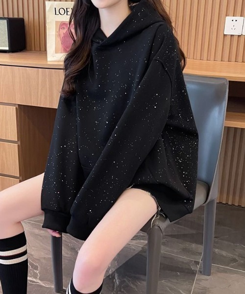 セール】ラメグリッターオーバーサイズフーディー/キラキラパーカー