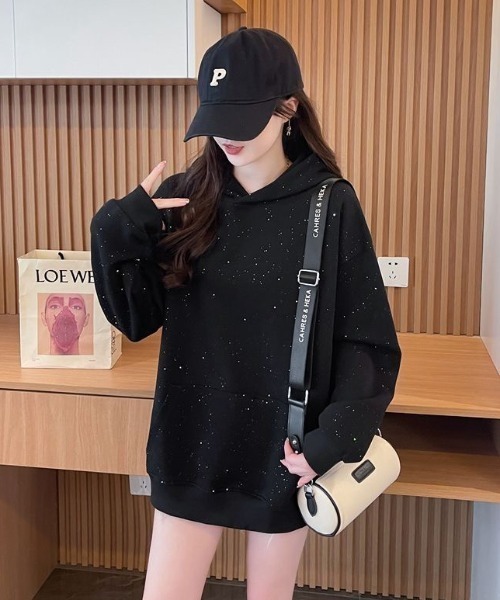 セール】ラメグリッターオーバーサイズフーディー/キラキラパーカー