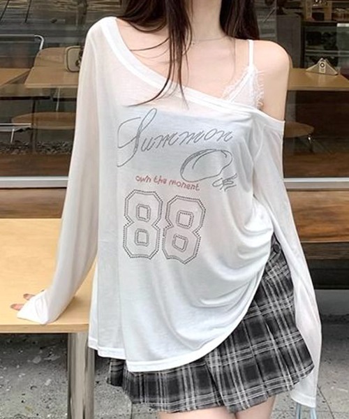 Riff(リフ)の「ラインストーンロゴワンショルダーロンT(Tシャツ/カットソー・レディース・ホワイト/ブラック・M)」の1枚目の写真