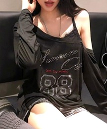 ラインストーンロゴワンショルダーロンT