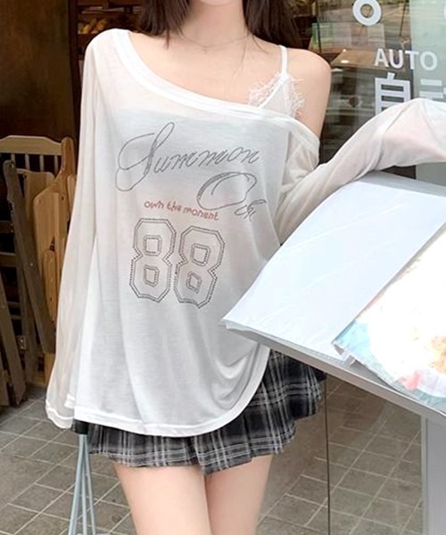 Riff(リフ)の「ラインストーンロゴワンショルダーロンT(Tシャツ/カットソー・レディース・ホワイト/ブラック・M)」の7枚目の写真