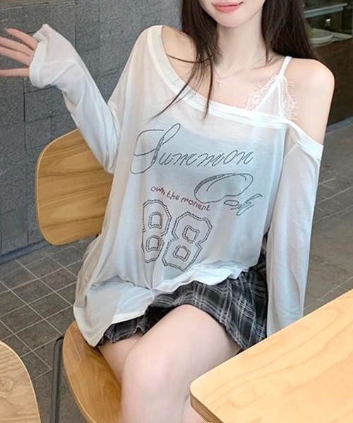 Riff(リフ)の「ラインストーンロゴワンショルダーロンT(Tシャツ/カットソー・レディース・ホワイト/ブラック・M)」の8枚目の写真