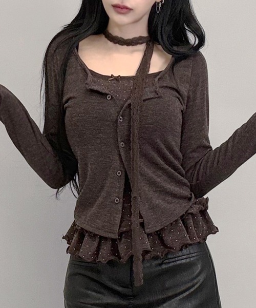 FOLLOWIN（フォロウィン）の「4color/レーススリムマフラー/ドットフリルキャミカーディガンSET（カーディガン/ボレロ・レディース・ベージュ/ダークブラウン/アイボリー/ブラック・FREE）」の3枚目の写真