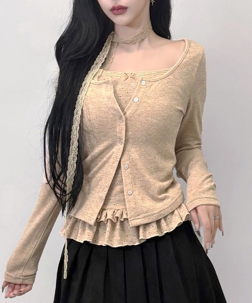 FOLLOWIN（フォロウィン）の「4color/レーススリムマフラー/ドットフリルキャミカーディガンSET（カーディガン/ボレロ・レディース・ベージュ/ダークブラウン/アイボリー/ブラック・FREE）」の4枚目の写真