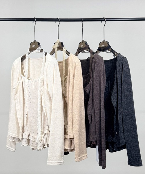 FOLLOWIN（フォロウィン）の「4color/レーススリムマフラー/ドットフリルキャミカーディガンSET（カーディガン/ボレロ・レディース・ベージュ/ダークブラウン/アイボリー/ブラック・FREE）」の5枚目の写真