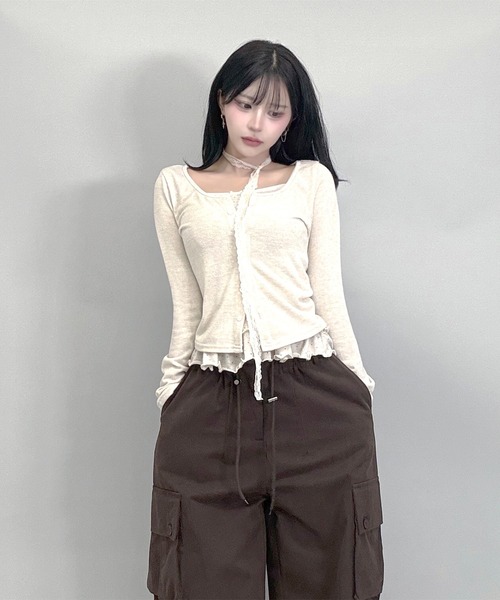 FOLLOWIN（フォロウィン）の「4color/レーススリムマフラー/ドットフリルキャミカーディガンSET（カーディガン/ボレロ・レディース・ベージュ/ダークブラウン/アイボリー/ブラック・FREE）」の18枚目の写真