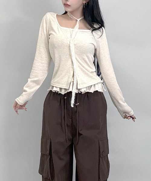 FOLLOWIN（フォロウィン）の「4color/レーススリムマフラー/ドットフリルキャミカーディガンSET（カーディガン/ボレロ・レディース・ベージュ/ダークブラウン/アイボリー/ブラック・FREE）」の17枚目の写真