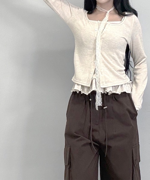 FOLLOWIN（フォロウィン）の「4color/レーススリムマフラー/ドットフリルキャミカーディガンSET（カーディガン/ボレロ・レディース・ベージュ/ダークブラウン/アイボリー/ブラック・FREE）」の16枚目の写真