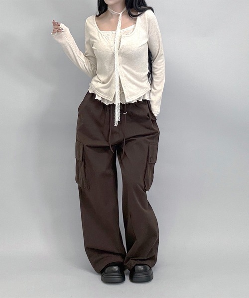 FOLLOWIN（フォロウィン）の「4color/レーススリムマフラー/ドットフリルキャミカーディガンSET（カーディガン/ボレロ・レディース・ベージュ/ダークブラウン/アイボリー/ブラック・FREE）」の15枚目の写真