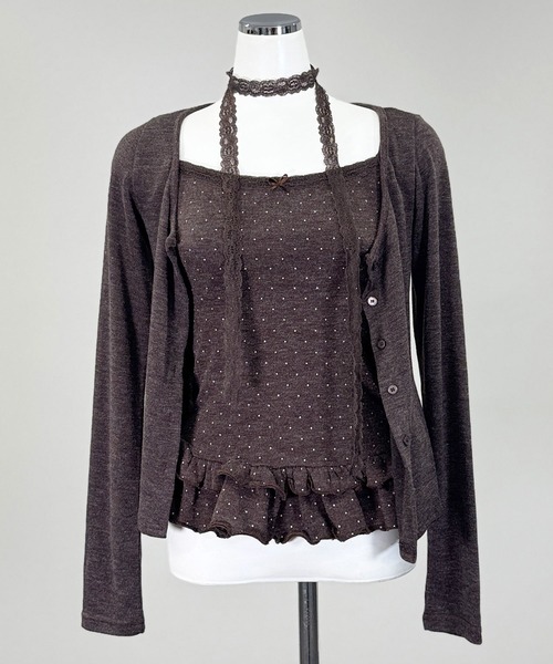 FOLLOWIN（フォロウィン）の「4color/レーススリムマフラー/ドットフリルキャミカーディガンSET（カーディガン/ボレロ・レディース・ベージュ/ダークブラウン/アイボリー/ブラック・FREE）」の7枚目の写真
