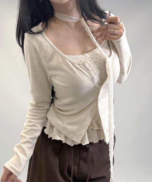 FOLLOWIN（フォロウィン）の「4color/レーススリムマフラー/ドットフリルキャミカーディガンSET（カーディガン/ボレロ・レディース・ベージュ/ダークブラウン/アイボリー/ブラック・FREE）」の22枚目の写真