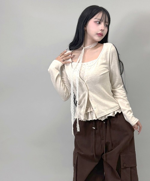 FOLLOWIN（フォロウィン）の「4color/レーススリムマフラー/ドットフリルキャミカーディガンSET（カーディガン/ボレロ・レディース・ベージュ/ダークブラウン/アイボリー/ブラック・FREE）」の19枚目の写真