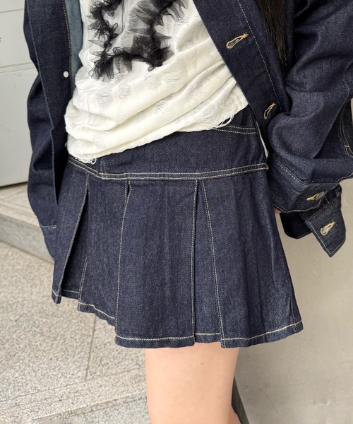 Figments（フィグメンツ）の「プリーツヘムリジットデニムミニスカパン（デニムスカート・レディース・インディゴブルー/ブラック系2・SMALL/MEDIUM）」の12枚目の写真
