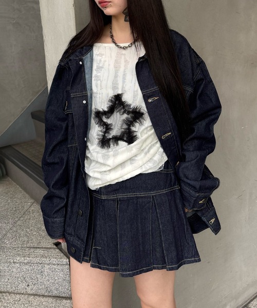 Figments（フィグメンツ）の「プリーツヘムリジットデニムミニスカパン（デニムスカート・レディース・インディゴブルー/ブラック系2・SMALL/MEDIUM）」の13枚目の写真