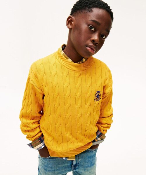 TOMMY HILFIGER（トミーヒルフィガー）の「BOYS ケーブルクレストクルーネックセーター（ニット/セーター・キッズ・イエロー× ブルー/グリーン・130cm/140cm/150cm/160cm）」の7枚目の写真