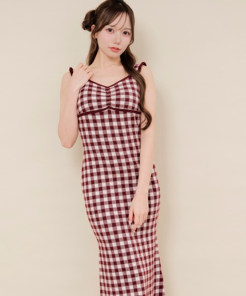 eMutilleカップインフリルギンガムチェックワンピース セール】frill gingham check cup in one-piece / カップインフリル