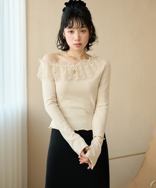 LAULEN(ローレン)の「asymmetry crochet lace tops /アシンメトリークロシェレーストップス(Tシャツ/カットソー・レディース・アイボリー/ピンク/マスタード・FREE)」の1枚目の写真