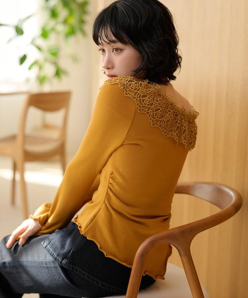 LAULEN(ローレン)の「asymmetry crochet lace tops /アシンメトリークロシェレーストップス(Tシャツ/カットソー・レディース・アイボリー/ピンク/マスタード・FREE)」の2枚目の写真