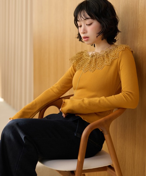 LAULEN(ローレン)の「asymmetry crochet lace tops /アシンメトリークロシェレーストップス(Tシャツ/カットソー・レディース・アイボリー/ピンク/マスタード・FREE)」の11枚目の写真