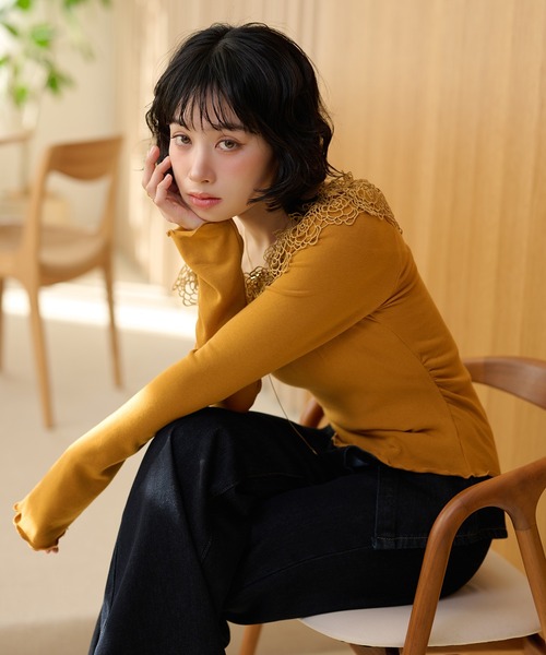 LAULEN(ローレン)の「asymmetry crochet lace tops /アシンメトリークロシェレーストップス(Tシャツ/カットソー・レディース・アイボリー/ピンク/マスタード・FREE)」の12枚目の写真