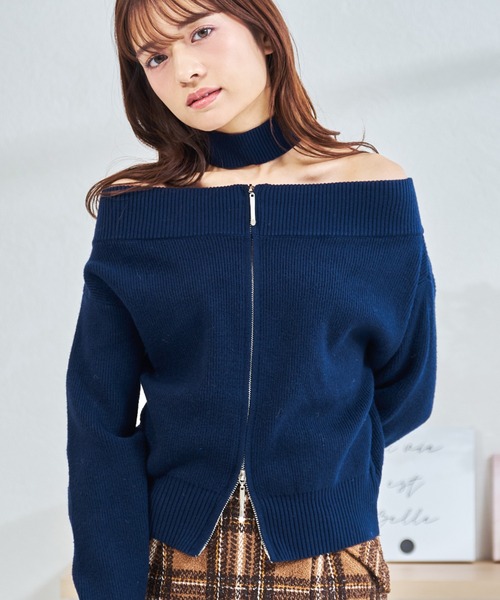MISCH MASCH(ミッシュマッシュ)の「ZOZO限定 チョーカー付きダブルジップオフショルニット(ニット/セーター・レディース・アイボリー/ネイビー・フリ-)」の11枚目の写真