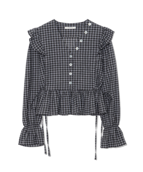 UGLY SHADOW(アグリーシャドウ)の「ボタンチェックフリルブラウス(チャコール)(シャツ/ブラウス・レディース・その他・FREE)」の4枚目の写真
