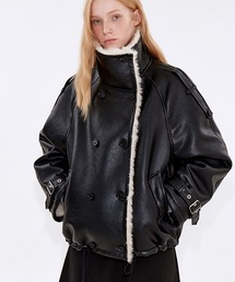 Fano Studios | ファーカラー ダブルブレスト ブラックフェイクレザージャケットFD25W162【Fano Studios】【2025AW】(ライダースジャケット)