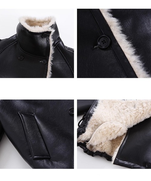 ファーカラー ダブルブレスト ブラックフェイクレザージャケット