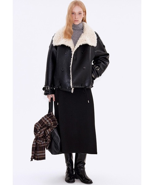 ファーカラー ダブルブレスト ブラックフェイクレザージャケット