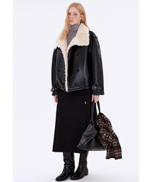 ファーカラー ダブルブレスト ブラックフェイクレザージャケット 