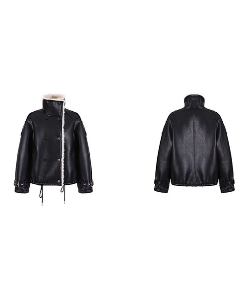 セール】ファーカラー ダブルブレスト ブラックフェイクレザー