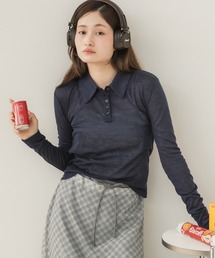シアーポロカットソートップス / カットソー トップス ポロシャツ 長袖 春服 秋服 冬服 ブラック アイボリー ピンク ネイビー 白 黒 韓国 無地 透け感 オフィスカジュアル ノームコア シンプル カジュアル ガーリー レイヤード