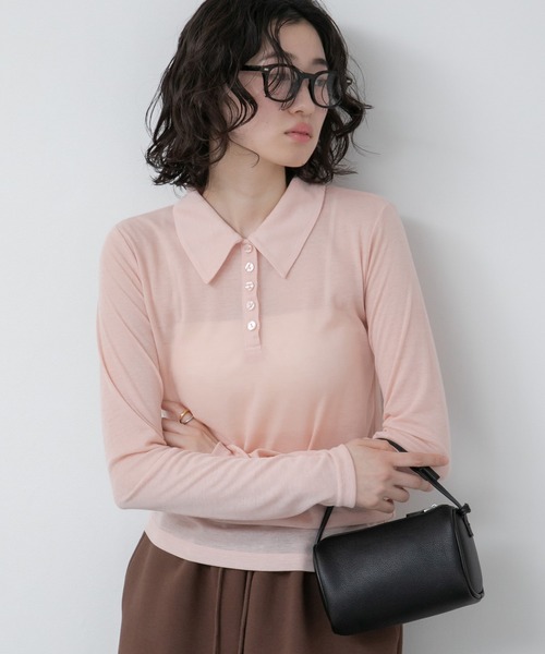 HEILIS（ヘイリス）の「シアーポロカットソートップス / カットソー トップス ポロシャツ 長袖 春服 秋服 冬服 ブラック アイボリー ピンク ネイビー 白 黒 韓国 無地 透け感 オフィスカジュアル ノームコア シンプル カジュアル ガーリー レイヤード（ポロシャツ・レディース・ブラック/ネイビー/ピンク/アイボリー・FREE）」の4枚目の写真