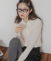 シアーポロカットソートップス / カットソー トップス ポロシャツ 長袖 春服 秋服 冬服 ブラック アイボリー ピンク ネイビー 白 黒 韓国 無地 透け感 オフィスカジュアル ノームコア シンプル カジュアル ガーリー レイヤード