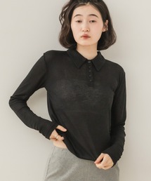シアーポロカットソートップス / カットソー トップス ポロシャツ 長袖 春服 秋服 冬服 ブラック アイボリー ピンク ネイビー 白 黒 韓国 無地 透け感 オフィスカジュアル ノームコア シンプル カジュアル ガーリー レイヤード