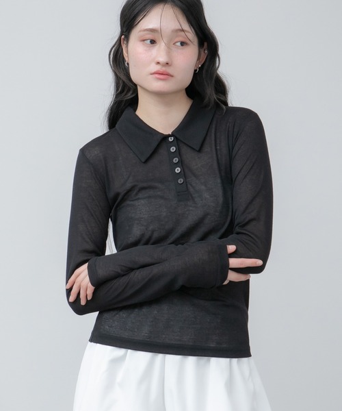 HEILIS（ヘイリス）の「シアーポロカットソートップス / カットソー トップス ポロシャツ 長袖 春服 秋服 冬服 ブラック アイボリー ピンク ネイビー 白 黒 韓国 無地 透け感 オフィスカジュアル ノームコア シンプル カジュアル ガーリー レイヤード（ポロシャツ・レディース・ブラック/ネイビー/ピンク/アイボリー・FREE）」の14枚目の写真