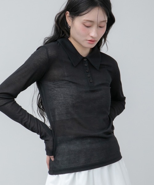 HEILIS（ヘイリス）の「シアーポロカットソートップス / カットソー トップス ポロシャツ 長袖 春服 秋服 冬服 ブラック アイボリー ピンク ネイビー 白 黒 韓国 無地 透け感 オフィスカジュアル ノームコア シンプル カジュアル ガーリー レイヤード（ポロシャツ・レディース・ブラック/ネイビー/ピンク/アイボリー・FREE）」の15枚目の写真