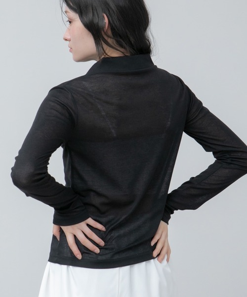 HEILIS（ヘイリス）の「シアーポロカットソートップス / カットソー トップス ポロシャツ 長袖 春服 秋服 冬服 ブラック アイボリー ピンク ネイビー 白 黒 韓国 無地 透け感 オフィスカジュアル ノームコア シンプル カジュアル ガーリー レイヤード（ポロシャツ・レディース・ブラック/ネイビー/ピンク/アイボリー・FREE）」の16枚目の写真
