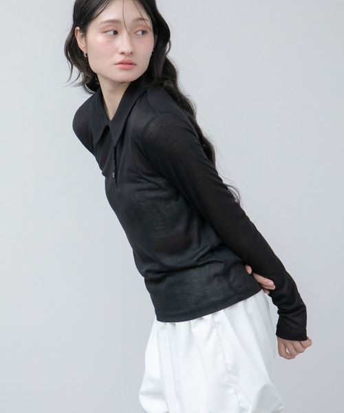 HEILIS（ヘイリス）の「シアーポロカットソートップス / カットソー トップス ポロシャツ 長袖 春服 秋服 冬服 ブラック アイボリー ピンク ネイビー 白 黒 韓国 無地 透け感 オフィスカジュアル ノームコア シンプル カジュアル ガーリー レイヤード（ポロシャツ・レディース・ブラック/ネイビー/ピンク/アイボリー・FREE）」の17枚目の写真