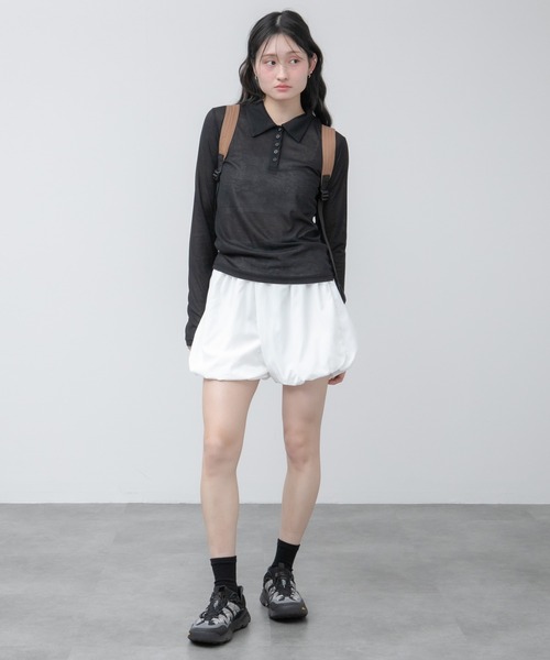 HEILIS（ヘイリス）の「シアーポロカットソートップス / カットソー トップス ポロシャツ 長袖 春服 秋服 冬服 ブラック アイボリー ピンク ネイビー 白 黒 韓国 無地 透け感 オフィスカジュアル ノームコア シンプル カジュアル ガーリー レイヤード（ポロシャツ・レディース・ブラック/ネイビー/ピンク/アイボリー・FREE）」の21枚目の写真