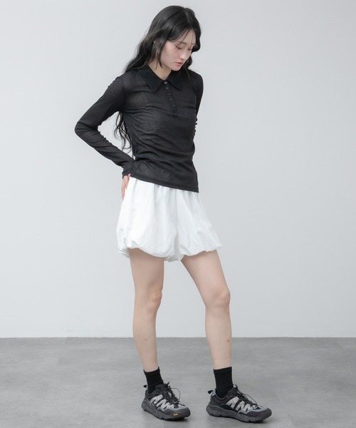 HEILIS（ヘイリス）の「シアーポロカットソートップス / カットソー トップス ポロシャツ 長袖 春服 秋服 冬服 ブラック アイボリー ピンク ネイビー 白 黒 韓国 無地 透け感 オフィスカジュアル ノームコア シンプル カジュアル ガーリー レイヤード（ポロシャツ・レディース・ブラック/ネイビー/ピンク/アイボリー・FREE）」の18枚目の写真
