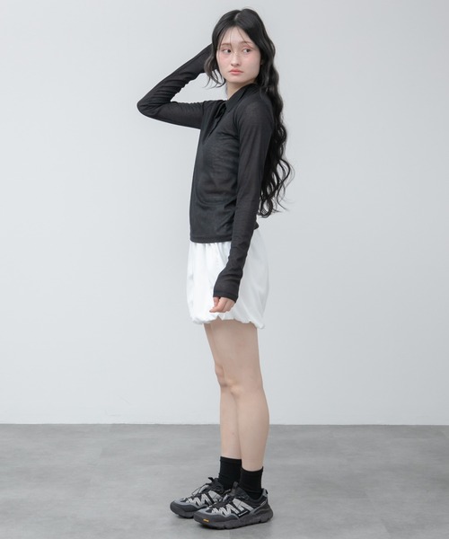 HEILIS（ヘイリス）の「シアーポロカットソートップス / カットソー トップス ポロシャツ 長袖 春服 秋服 冬服 ブラック アイボリー ピンク ネイビー 白 黒 韓国 無地 透け感 オフィスカジュアル ノームコア シンプル カジュアル ガーリー レイヤード（ポロシャツ・レディース・ブラック/ネイビー/ピンク/アイボリー・FREE）」の19枚目の写真