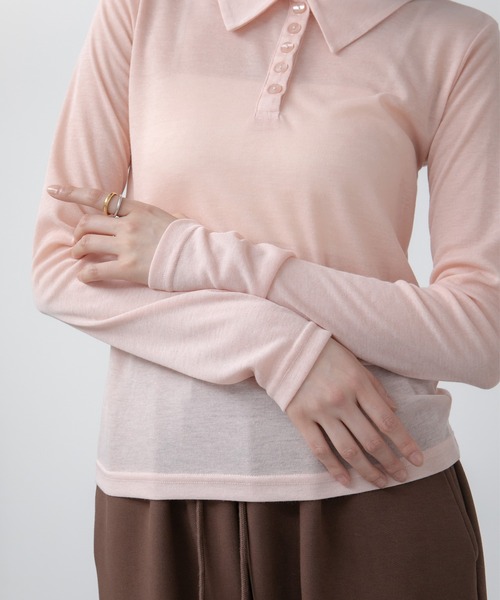 HEILIS（ヘイリス）の「シアーポロカットソートップス / カットソー トップス ポロシャツ 長袖 春服 秋服 冬服 ブラック アイボリー ピンク ネイビー 白 黒 韓国 無地 透け感 オフィスカジュアル ノームコア シンプル カジュアル ガーリー レイヤード（ポロシャツ・レディース・ブラック/ネイビー/ピンク/アイボリー・FREE）」の13枚目の写真