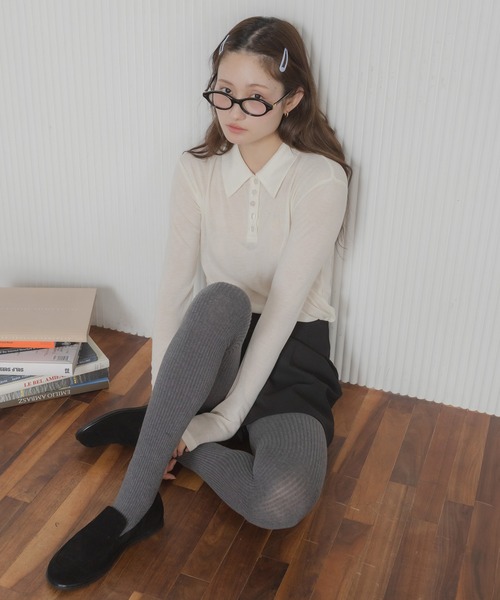 HEILIS（ヘイリス）の「シアーポロカットソートップス / カットソー トップス ポロシャツ 長袖 春服 秋服 冬服 ブラック アイボリー ピンク ネイビー 白 黒 韓国 無地 透け感 オフィスカジュアル ノームコア シンプル カジュアル ガーリー レイヤード（ポロシャツ・レディース・ブラック/ネイビー/ピンク/アイボリー・FREE）」の6枚目の写真