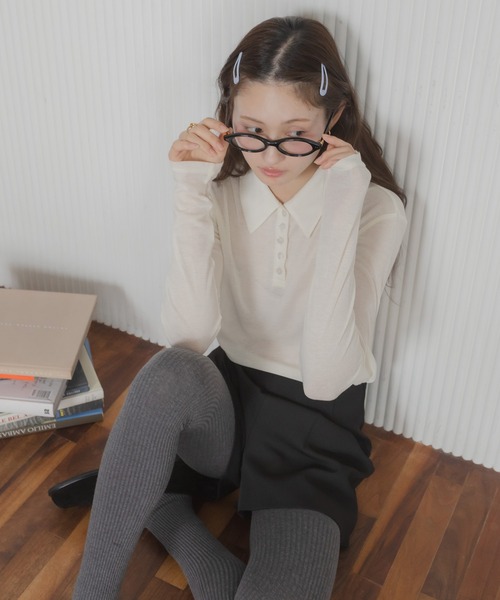 HEILIS（ヘイリス）の「シアーポロカットソートップス / カットソー トップス ポロシャツ 長袖 春服 秋服 冬服 ブラック アイボリー ピンク ネイビー 白 黒 韓国 無地 透け感 オフィスカジュアル ノームコア シンプル カジュアル ガーリー レイヤード（ポロシャツ・レディース・ブラック/ネイビー/ピンク/アイボリー・FREE）」の7枚目の写真