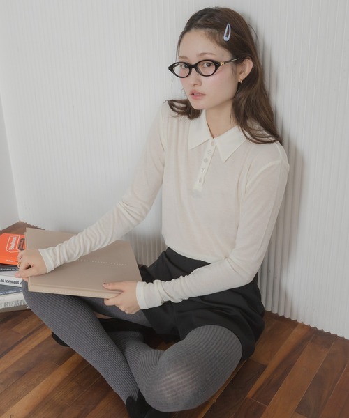 HEILIS（ヘイリス）の「シアーポロカットソートップス / カットソー トップス ポロシャツ 長袖 春服 秋服 冬服 ブラック アイボリー ピンク ネイビー 白 黒 韓国 無地 透け感 オフィスカジュアル ノームコア シンプル カジュアル ガーリー レイヤード（ポロシャツ・レディース・ブラック/ネイビー/ピンク/アイボリー・FREE）」の5枚目の写真